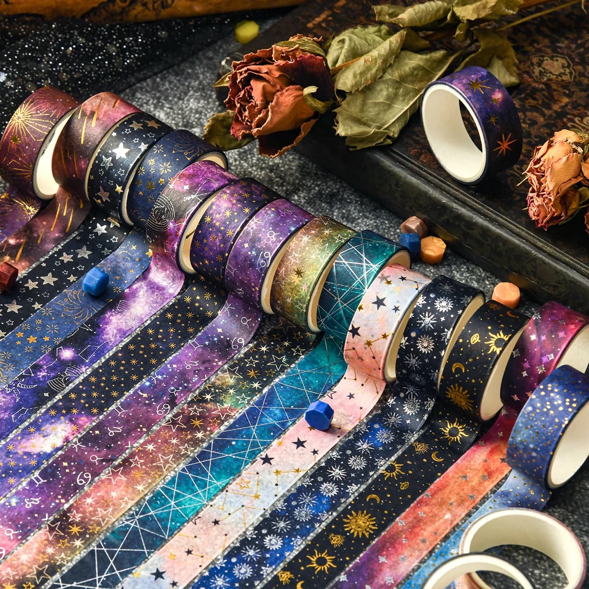12-Roll Retro Starry Sky Washi Tape Set, 2M Long / 1.5CM Wide, Stationery Supplies and Gift Decoration, A Gift for Friends