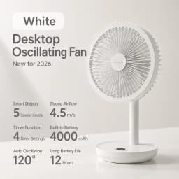 KINSCOTER Smart Oscillating Desk Fan 4000mAh USB Angle Adjustable Silent Rechargeable Fan 5 Wind Speeds for Home/Office/Gift