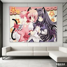 Madoka Neko Anime Girls Starry Tapestry - Kawaii Cat-Ear Polyester Wall Hanging for Bedroom Dorm Anime Decor