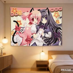 Madoka Neko Anime Girls Starry Tapestry - Kawaii Cat-Ear Polyester Wall Hanging for Bedroom Dorm Anime Decor