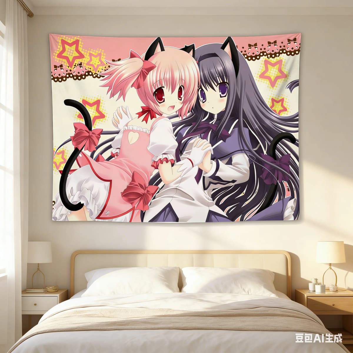Madoka Neko Anime Girls Starry Tapestry - Kawaii Cat-Ear Polyester Wall Hanging for Bedroom Dorm Anime Decor