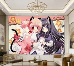 Madoka Neko Anime Girls Starry Tapestry - Kawaii Cat-Ear Polyester Wall Hanging for Bedroom Dorm Anime Decor