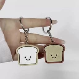 1PC 3.5cm Cute Pressable Stress Relief Keychain Soft Silicone Bread Keychain Set, Kawaii Toast Bread Shape Smiling Face Beige &