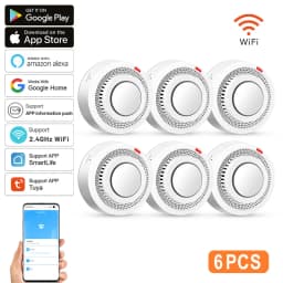6Pack Tuya WiFi Smart Smoke Sensor Smartlife APP Control Smoke Alarm 85dB On Site Alarm Supports Alexa & Google Assistant