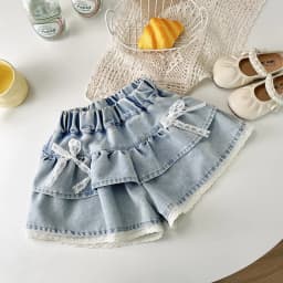 Girls' Denim Lace-Trimmed Multi-Layered Tiered Skirt