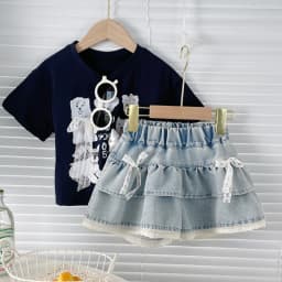 Girls' Denim Lace-Trimmed Multi-Layered Tiered Skirt