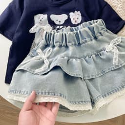 Girls' Denim Lace-Trimmed Multi-Layered Tiered Skirt