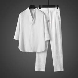 Spring Summer Thin Men Set Two Pieces Ice Silk V Neck Button Half Sleeve Tops Breathble Solid Color Pants Fashion Set