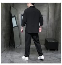 Spring Summer Thin Men Set Two Pieces Ice Silk V Neck Button Half Sleeve Tops Breathble Solid Color Pants Fashion Set