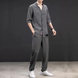 Spring Summer Thin Men Set Two Pieces Ice Silk V Neck Button Half Sleeve Tops Breathble Solid Color Pants Fashion Set