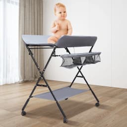 Foldable Baby Diaper Changing Table with Storage Basket, Portable Dresser Station with Safety Strap & Height Ruler for Nursery