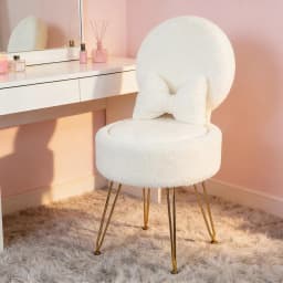 Plush Flannel Vanity Stool with Bowknot Backrest & Storage, Foldable Back Makeup Chair with Cushioned Seat & Metal Legs