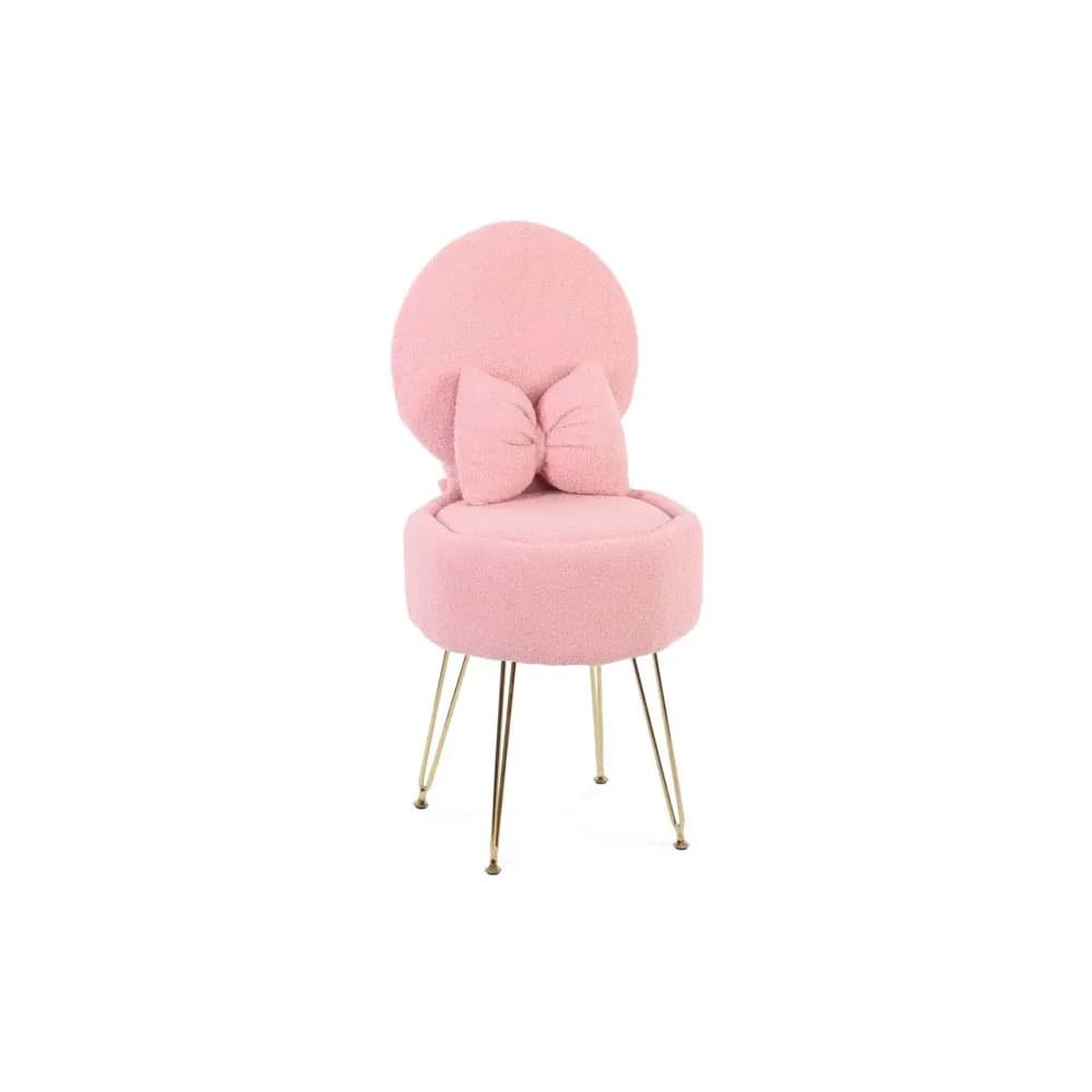 Plush Flannel Vanity Stool with Bowknot Backrest & Storage, Foldable Back Makeup Chair with Cushioned Seat & Metal Legs