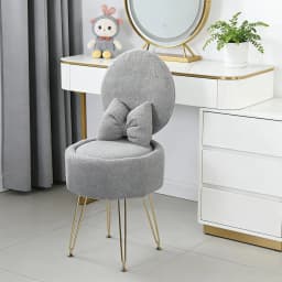 Plush Flannel Vanity Stool with Bowknot Backrest & Storage, Foldable Back Makeup Chair with Cushioned Seat & Metal Legs