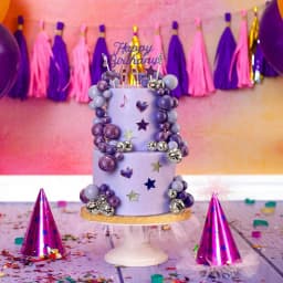 K-Pop Birthday Cake Topper Set: Purple Disco Balls, Glitter Stars & Notes – Perfect for Fan Parties