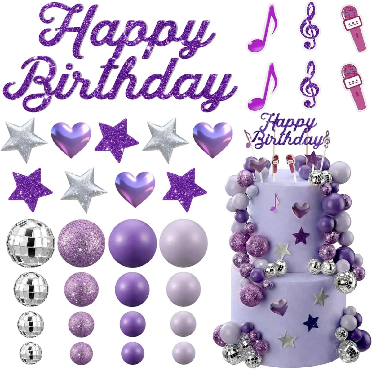 K-Pop Birthday Cake Topper Set: Purple Disco Balls, Glitter Stars & Notes – Perfect for Fan Parties