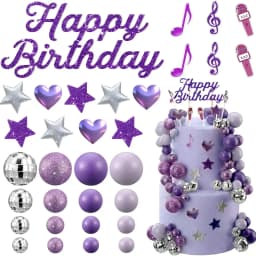 K-Pop Birthday Cake Topper Set: Purple Disco Balls, Glitter Stars & Notes – Perfect for Fan Parties