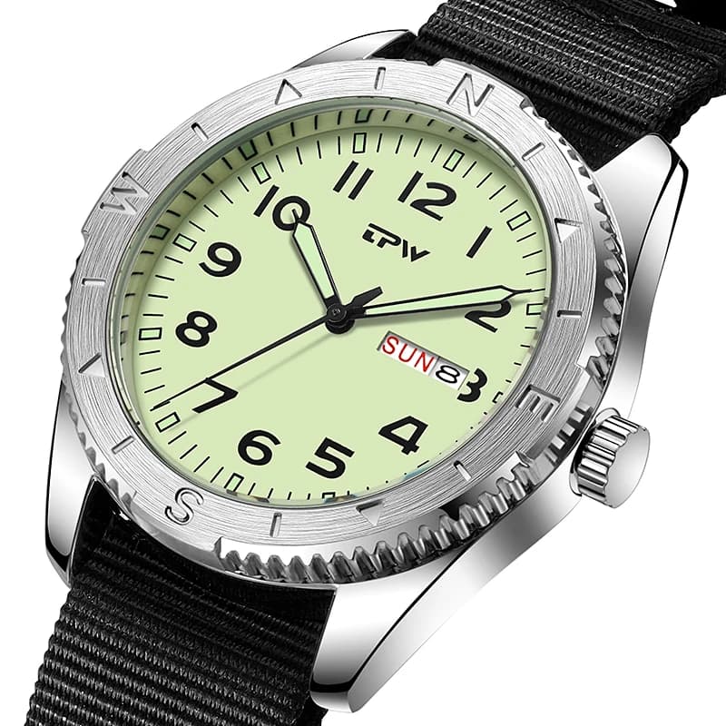 2026 TPW 40mm Field Watch - Easy Reading Fabric Strap Quartz Movement with Luminous Rotating Bezel Date & Day Functions