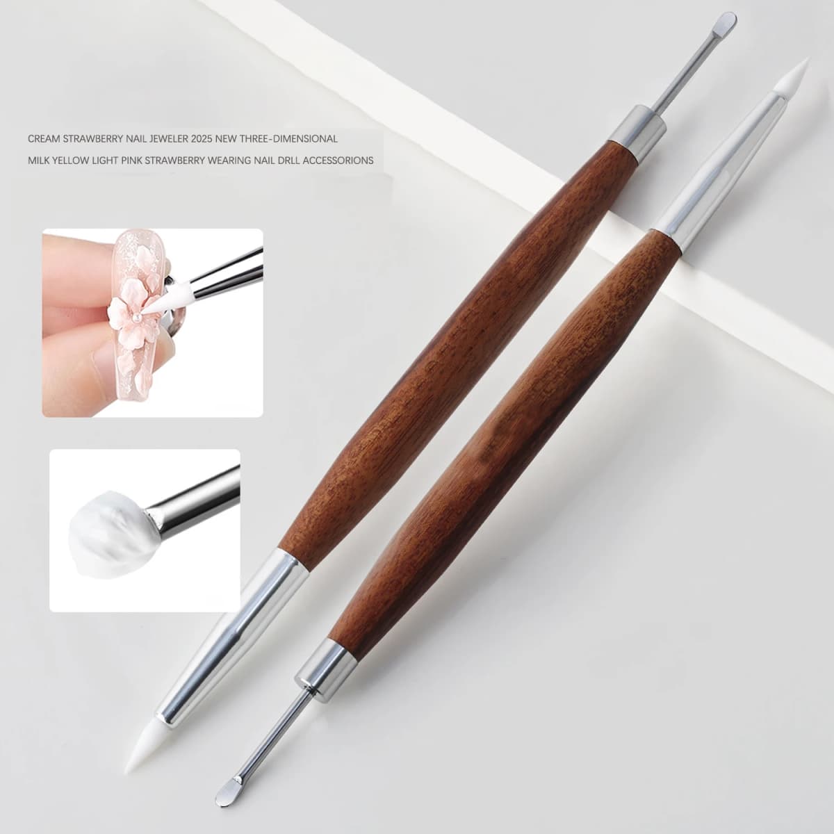 1/2PCS Wooden Double Head Nail Art Brush Silicone Carving Pen Nail Supplies Carving Flower Painting Pen for Nail Art Tool