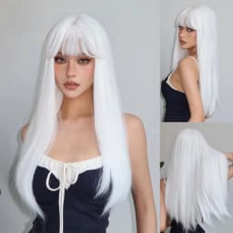 White Long Straight Synthetic Wigs for Women Colorful Cosplay Party Fake Hair with Bangs White Wig HighTemperature