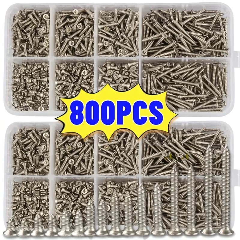Set of 800 Self-Tapping Wood Screws, M2 Phillips Flat Head Screws for Sheet Metal, Assortment Kit of Self-Screws with Lock Nuts