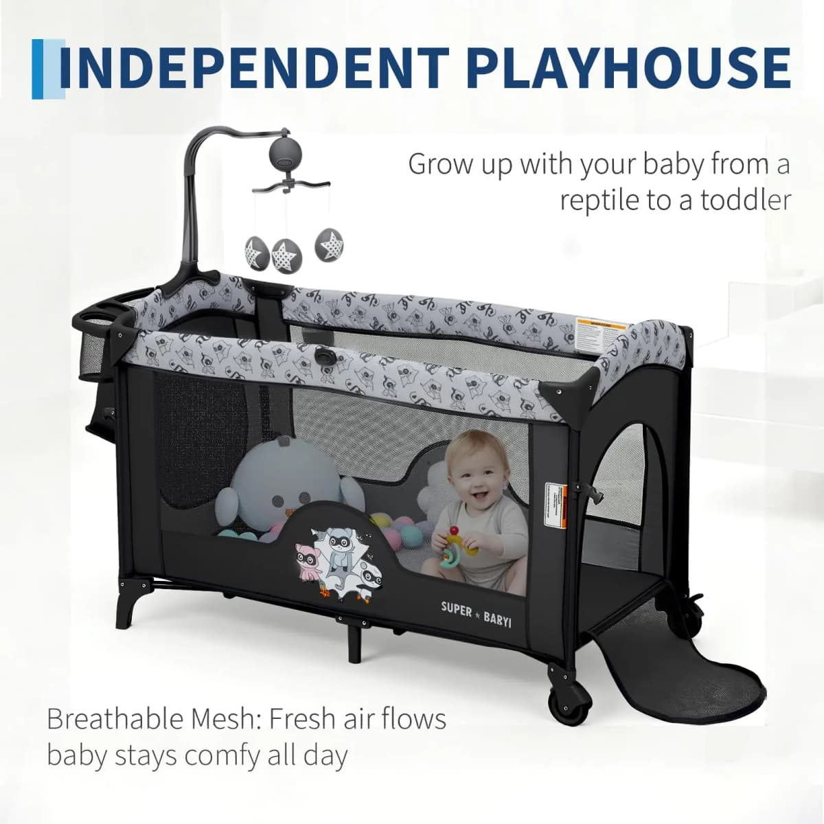 4 in 1 Baby Bassinet, Pack and Play Bedside Crib Sleeper with Changing Table, Locking Wheels, Toy Bar for Newborn to Toddlers