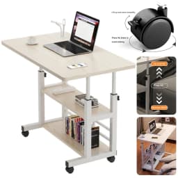 Adjustable Bedside Laptop Desk Multi-Layer Storage Height Adjustable Table with High-Gloss Wood Panel Metal Frame for Home Offic