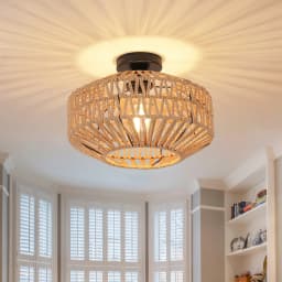 Rattan Ceiling Light E27, Retro Hand-Woven Rattan Chandelier Lamp, Bohemian Pendant Boho Ceiling Light for Living Room Bedroom