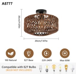 Rattan Ceiling Light E27, Retro Hand-Woven Rattan Chandelier Lamp, Bohemian Pendant Boho Ceiling Light for Living Room Bedroom