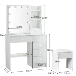 White Modern Vanity Set with 10 LED Lights Mirror 6 Drawers & Stool 3 Color Dimmable Easy Assembly Small Space Makeup Desk