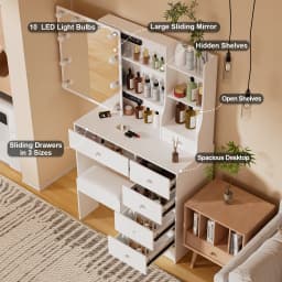 White Modern Vanity Set with 10 LED Lights Mirror 6 Drawers & Stool 3 Color Dimmable Easy Assembly Small Space Makeup Desk