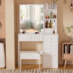 White Modern Vanity Set with 10 LED Lights Mirror 6 Drawers & Stool 3 Color Dimmable Easy Assembly Small Space Makeup Desk