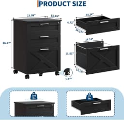 3-Drawer Rolling File Cabinet with Lock - Wooden Mobile Filing Cabinet for Home Office, Under Desk Storage Organizer fits Letter