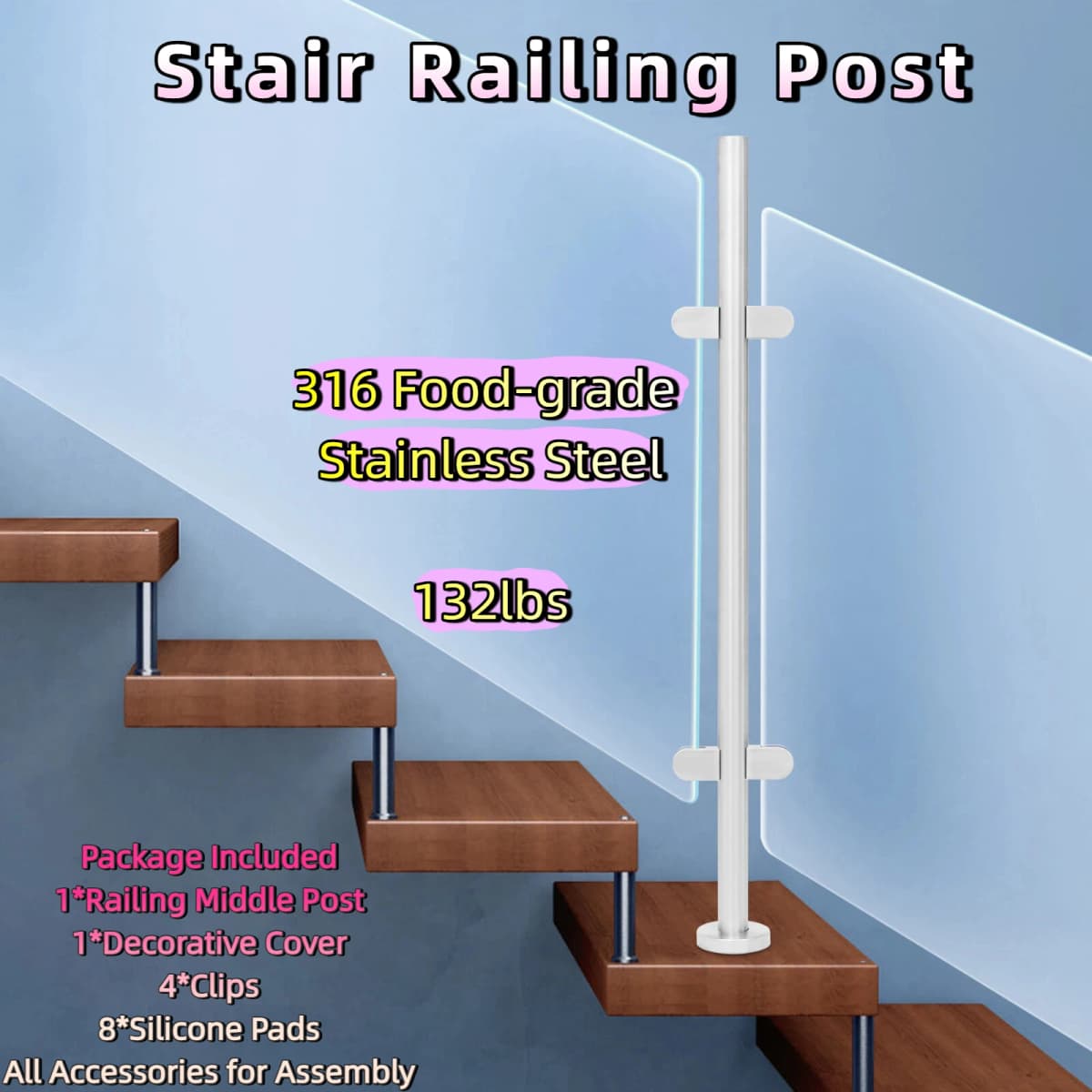 Stair Railing Post 316 Food-Grade Stainless Steel Railing Middle Post 43.3in Railing Middle Support 132lbs for 0.47in Thickness