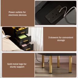 Push and Pull Nightstands Wood Slim Bedside Table with 1.2m Light Strip Ports 3 Drawers for Bedrooms Living Rooms UK Plug