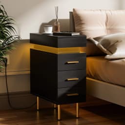 Push and Pull Nightstands Wood Slim Bedside Table with 1.2m Light Strip Ports 3 Drawers for Bedrooms Living Rooms UK Plug