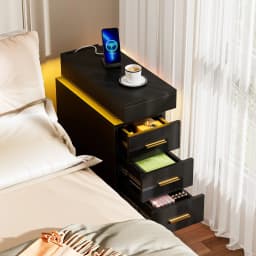 Push and Pull Nightstands Wood Slim Bedside Table with 1.2m Light Strip Ports 3 Drawers for Bedrooms Living Rooms UK Plug