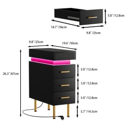 Push and Pull Nightstands Wood Slim Bedside Table with 1.2m Light Strip Ports 3 Drawers for Bedrooms Living Rooms UK Plug