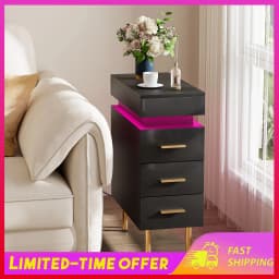 Push and Pull Nightstands Wood Slim Bedside Table with 1.2m Light Strip Ports 3 Drawers for Bedrooms Living Rooms UK Plug
