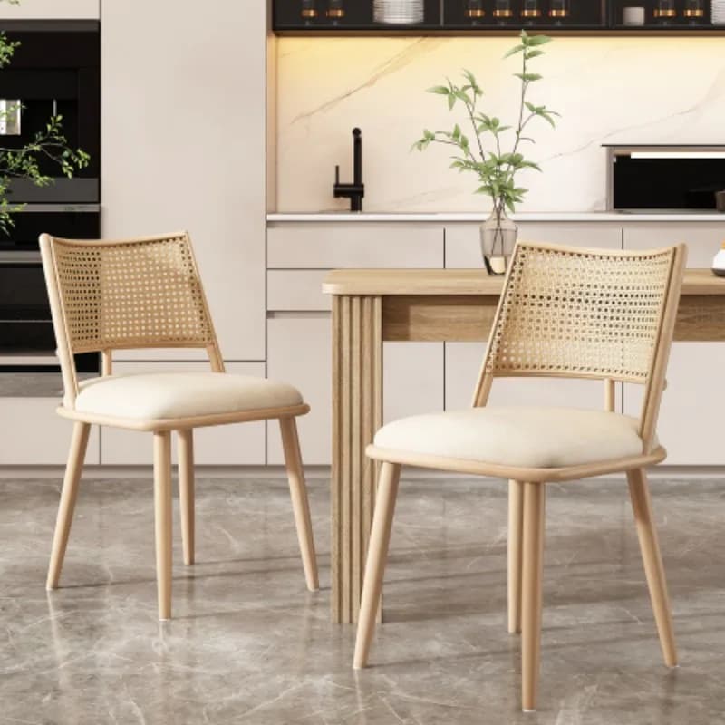 Set of 2/4/6,PU seat,rattan backrest,Bamboo kitchen chair with imitation rattan backrest and retro side armchair,beige