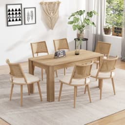 Set of 2/4/6,PU seat,rattan backrest,Bamboo kitchen chair with imitation rattan backrest and retro side armchair,beige