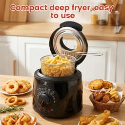 SUPERLEX Mini Electric Deep Fat Fryer 1 Litre 950W Compact Deep Fryer with Viewing Window, Adjustable Temperature Control, Removable Lid & Fry Basket, Easy Clean Small Deep Fryer for Home Cooking Chips Onion Rings