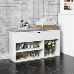 Shoe Bench with Padded Cushion, Shoe Storage Bench with 2 Tier Open Shoe Shelf, Wooden Shoe Bench for Entryway, 2-Tier Shoe Rack