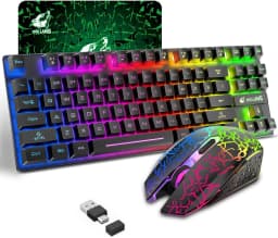 T87 Wireless Keyboard Mouse Set, Rainbow Backlit 2.4G Rechargeable Gaming Keyboard 2400DPI Optical Gaming Mouse with Mouse Pad