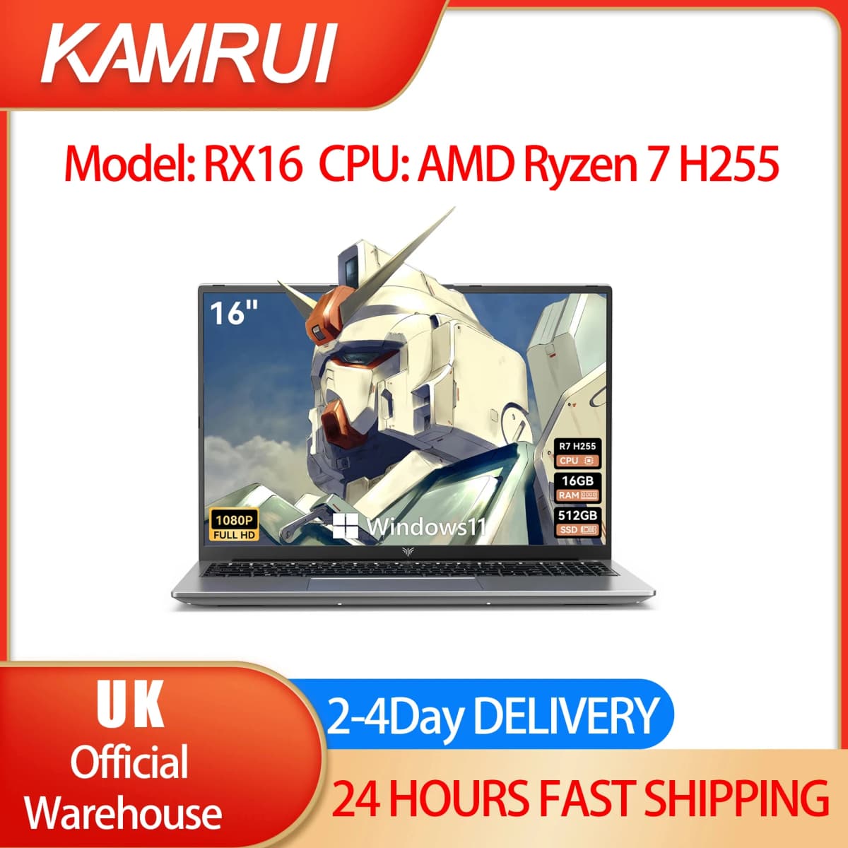 KAMRUI RX16 AMD Ryzen7 H255 Laptop Windows 11 PRO 16 in IPS 16GB DDR5 512GB NVMe SSD Backlit Numeric Keyboard Wifi6 BT5.2 Computer