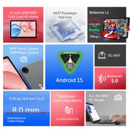 Android 15 Tablet,11Inch Tablets with Octa Core Processor, 16GB RAM 256GB ROM 1TB Expand, Widevine L1, 8000mAh Battery Dual WiFi