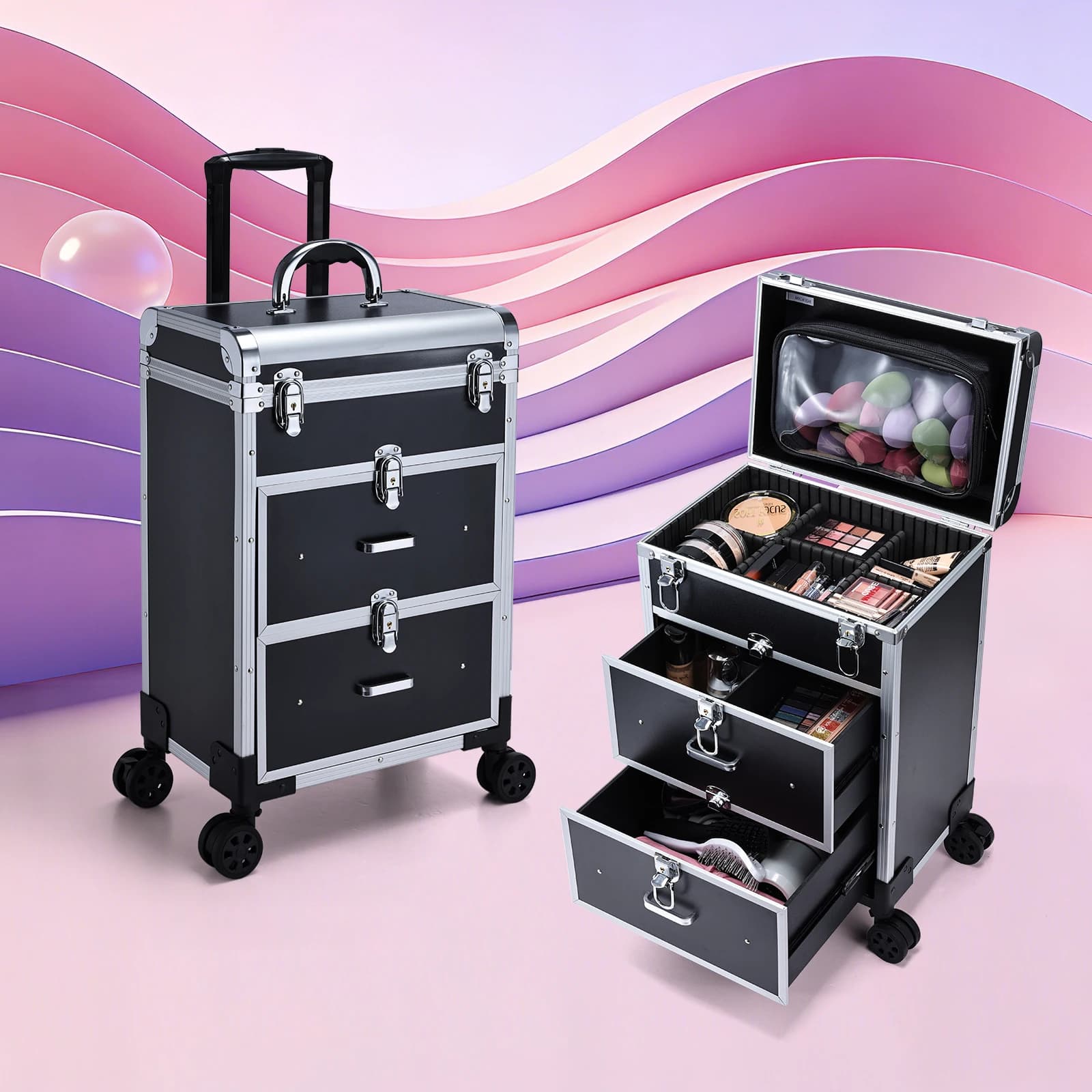 Professional Large Cosmetic Trolley with Locks Rolling Makeup Train Case with Drawers Cosmetics Storage Organizer Make up Case