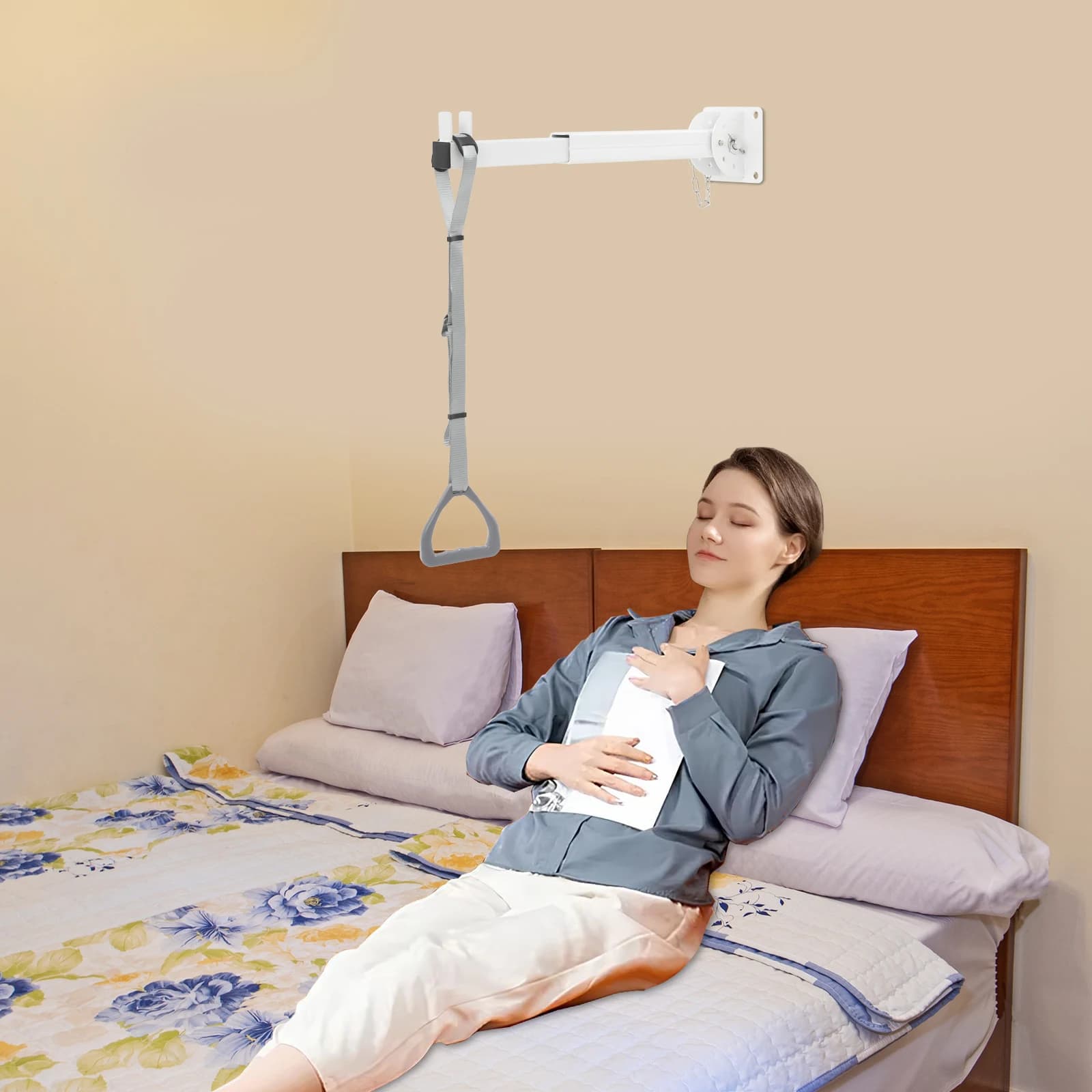 Adjustable Bed Trapeze Bar for Patient Transfer, 5-Position Angle & Length, 400LBS Capacity, Wall Mounted Aid