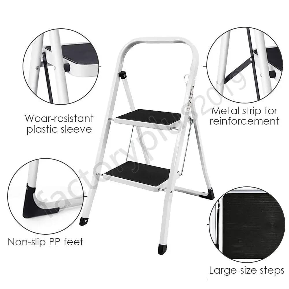 Folding Step Ladder for Home & Kitchen, 2 Step Ladder Anti-Slip Tread, Portable Metal Step Ladder, Easy to Store, 150kg Capacity