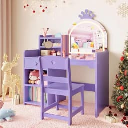 Kids Vanity with Lights, 2 in 1 Princess Makeup Vanity Desk & Chair Set, Toddler Vanity Table with Open Bookshel for Girls